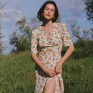 EUC Rouje Paris Gabin Midi Dress Cerise Orange Ecru Print Size 40 Cherry Cream